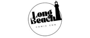 A black and white logo for long beach comic con.