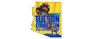 A cartoon of a map of arizona with the words tucson comic-con in front.